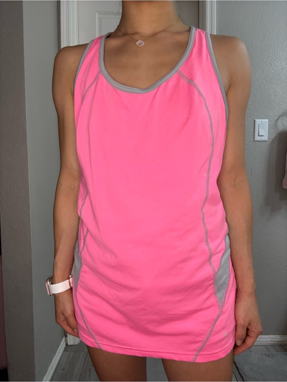 Neon Pink Athletic Racerback Tank Top with Gray Trim